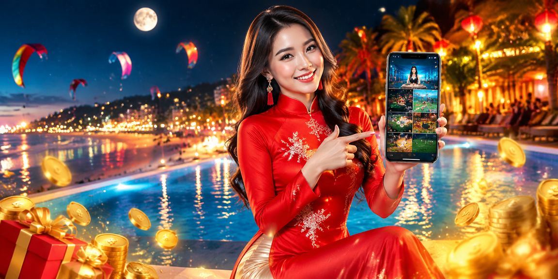 Người dùng mặc áo dài trải nghiệm ứng dụng casino tại bãi biển Mũi Né